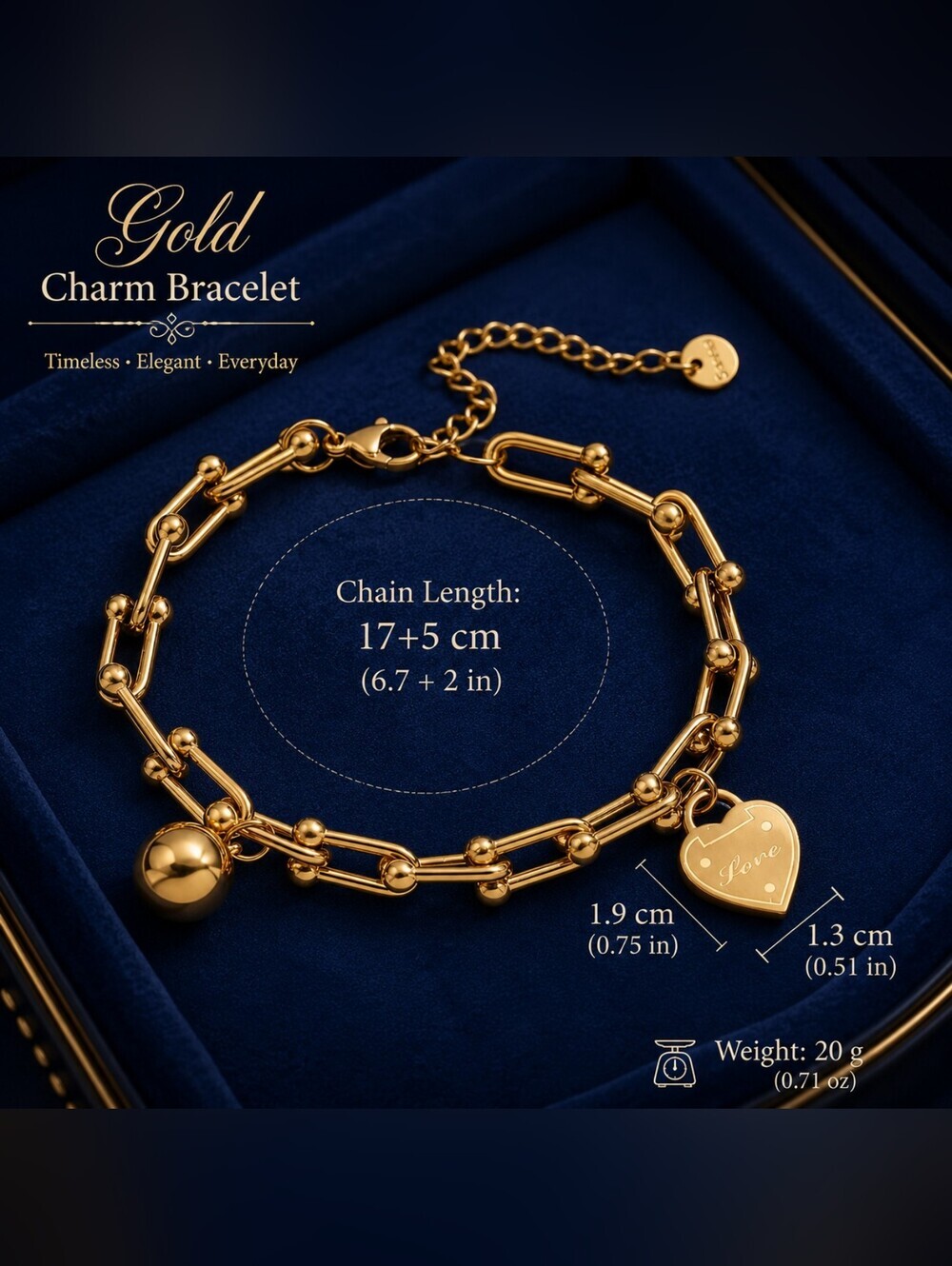 Polished Gold Heart & Sphere Link Bracelet